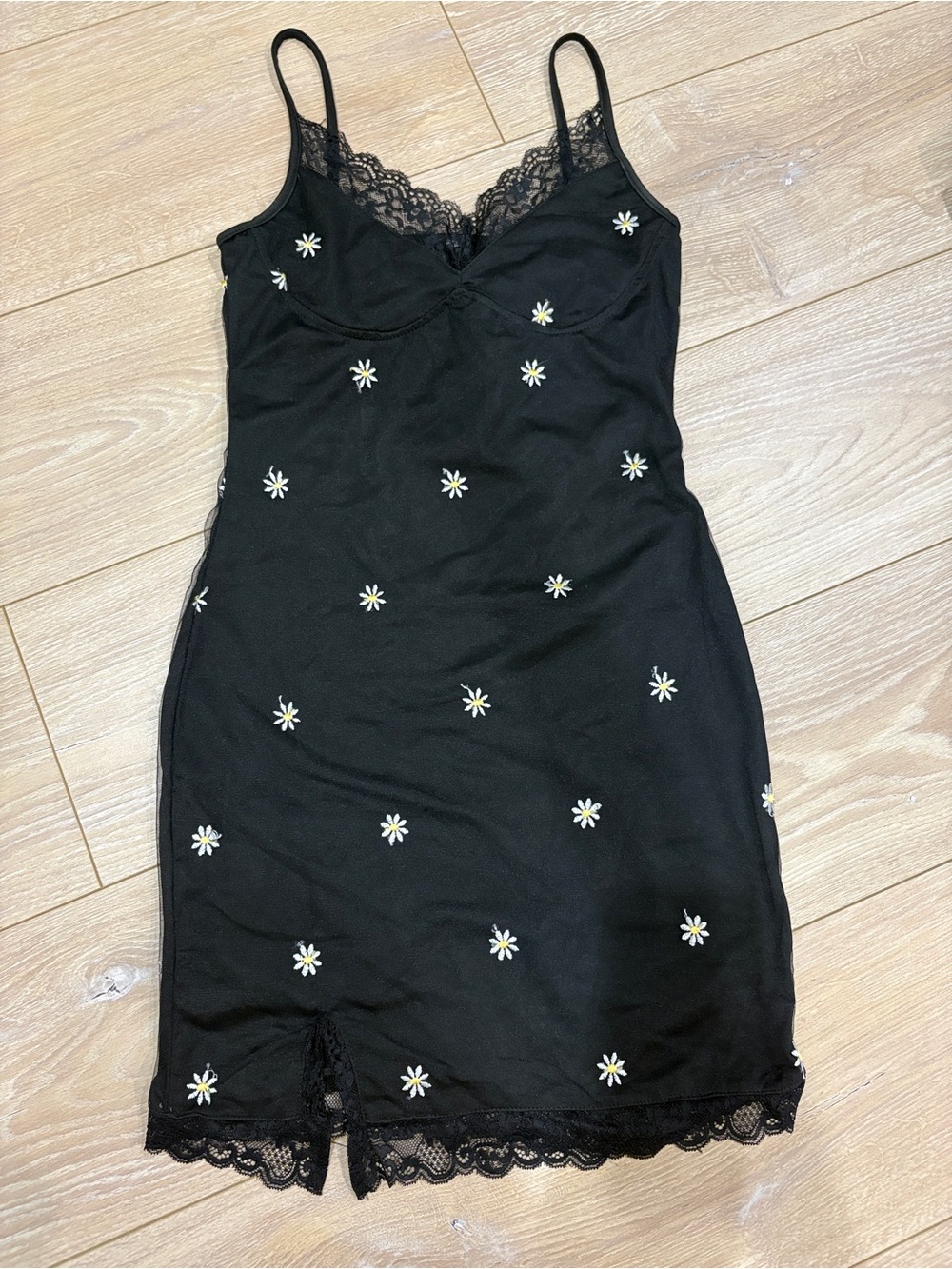 Black Floral Daisy Slip Mini Dress with Lace Trim Size M